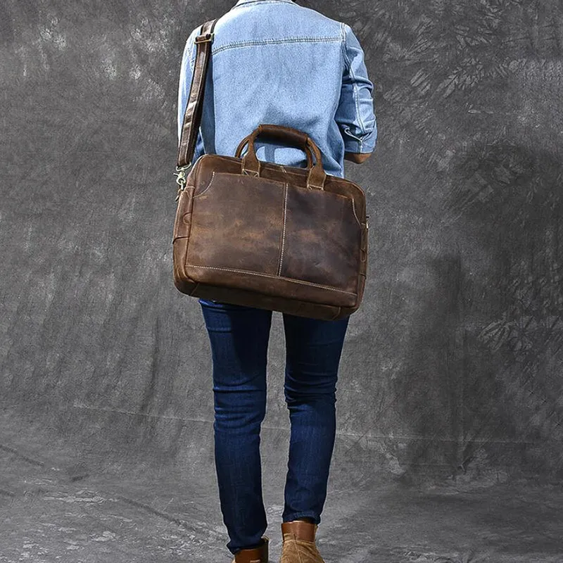 Crazy Horse Leather Large Briefcase Men Tote Bag Vintage Shoulder Messenger Bag